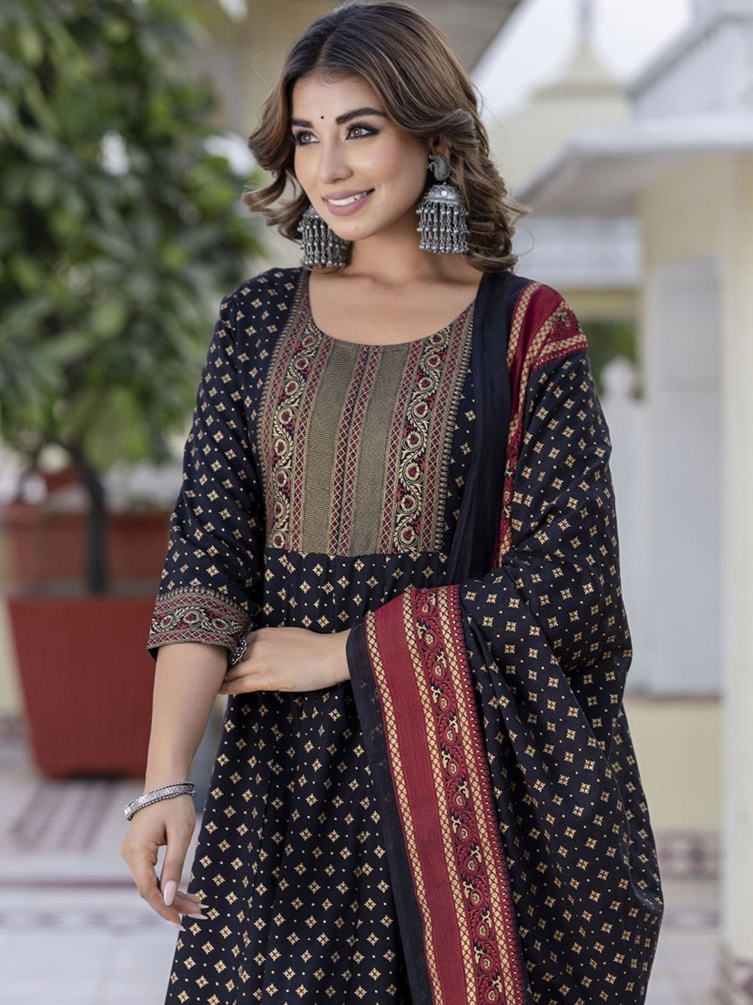 

Anouk Black Floral Printed Pure Cotton Zari Anarkali Kurta With Trouser & Dupatta