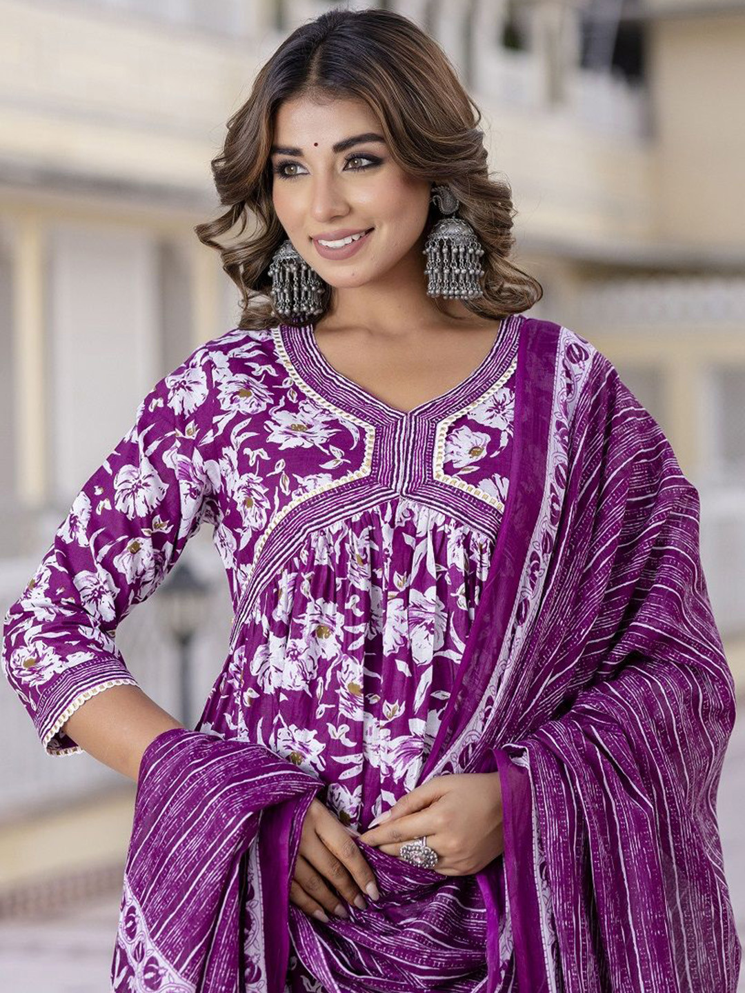 

Anouk Purple Floral Printed Pure Cotton Straight Kurta With Trouser & Dupatta