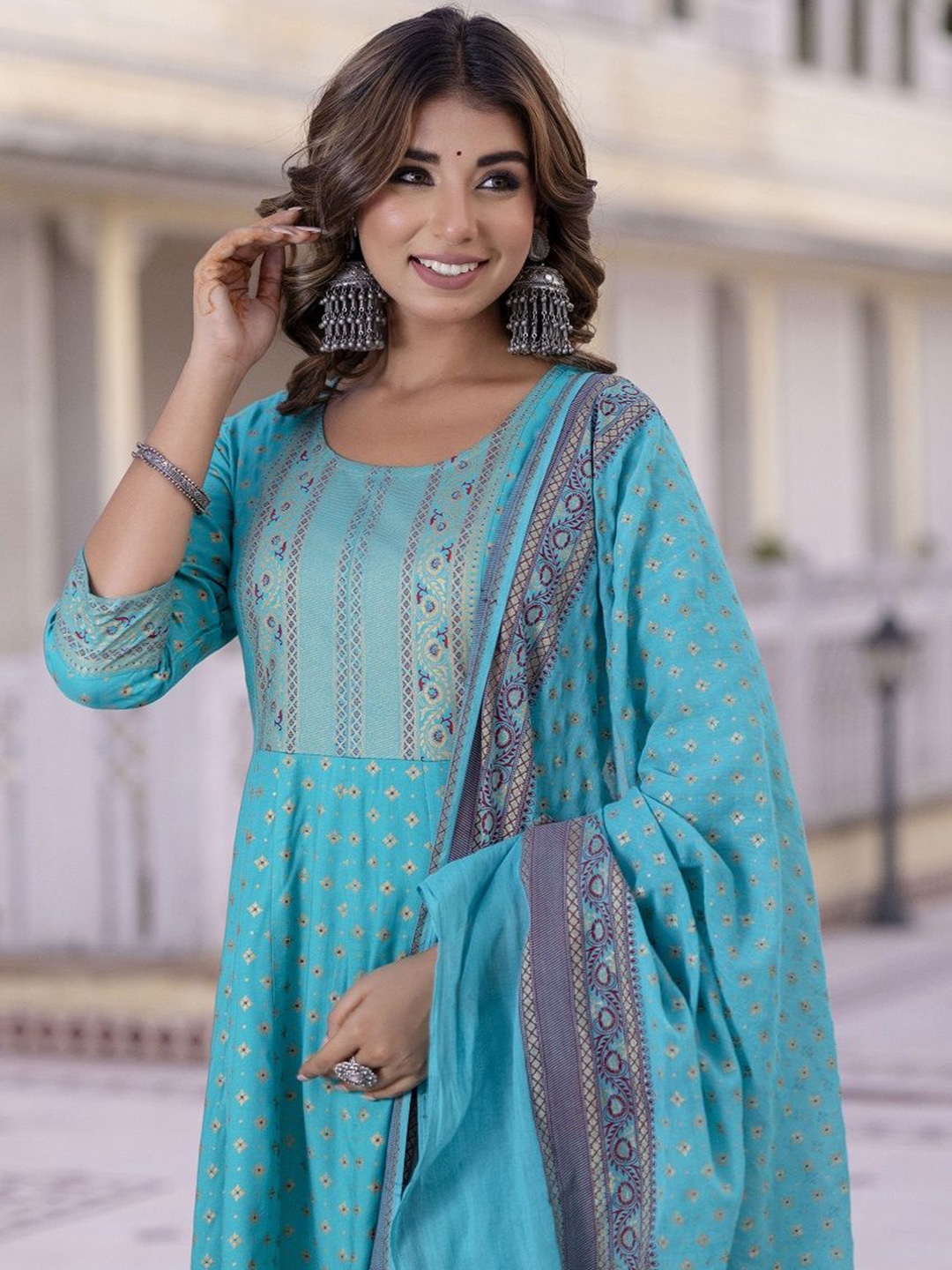 

Anouk Blue Floral Woven Design Zari Pure Cotton Straight Kurta With Trouser & Dupatta