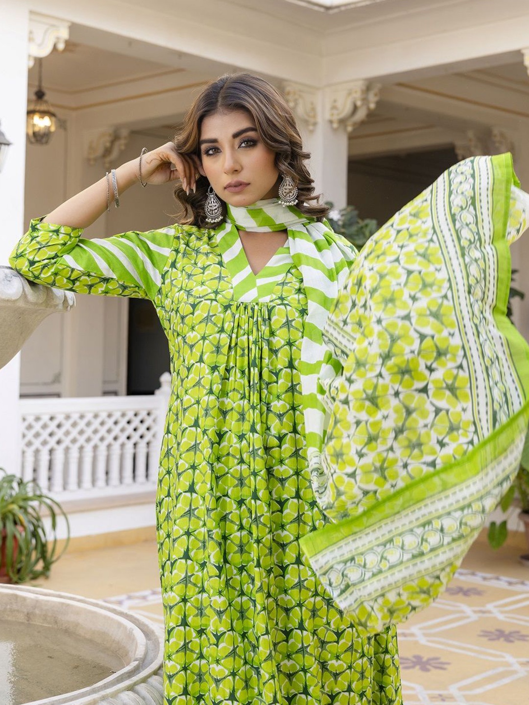 

Anouk Green Geometric Printed Pure Cotton Anarkali Kurta With Trouser & Dupatta