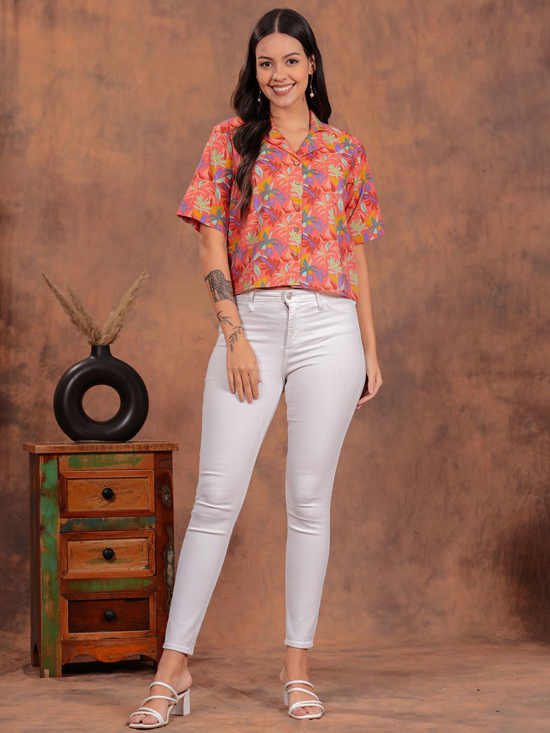 

HIBIKI Women Original Cuban Collar Floral Printed Cotton Casual Shirt, Pink