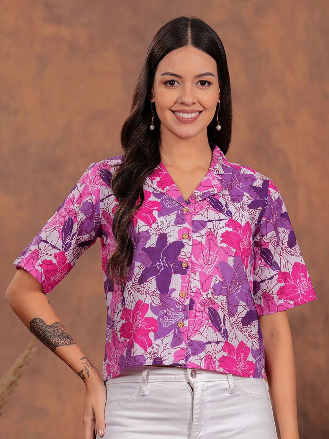 

HIBIKI Women Original Cuban Collar Floral Printed Cotton Casual Shirt, White