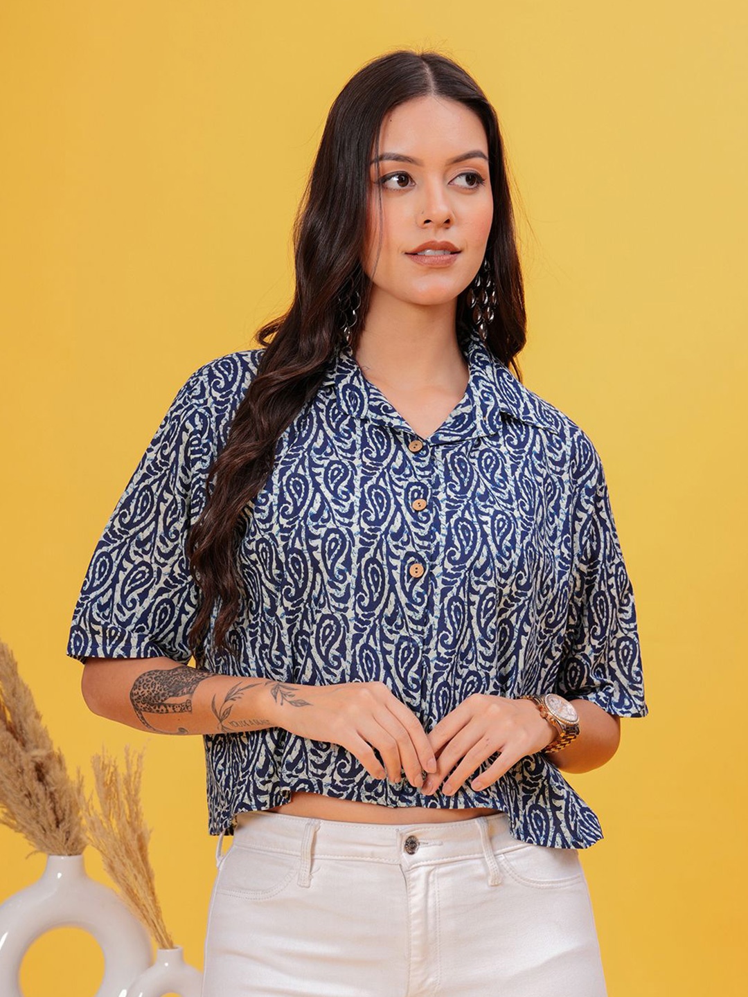 

HIBIKI Women Original Cuban Collar Ethnic Motifs Printed Cotton Casual Shirt, White
