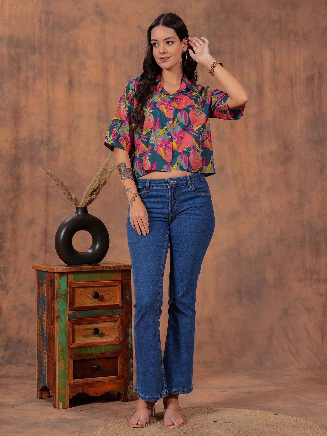 

HIBIKI Women Original Cuban Collar Floral Printed Cotton Casual Shirt, Teal