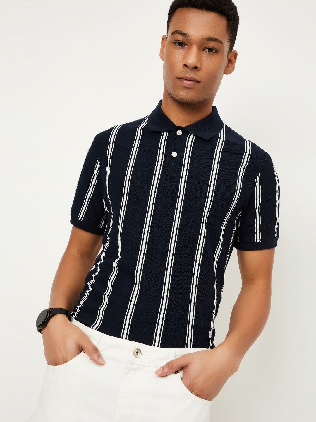 

max Men Striped Polo Collar Cotton T-shirt, Navy blue