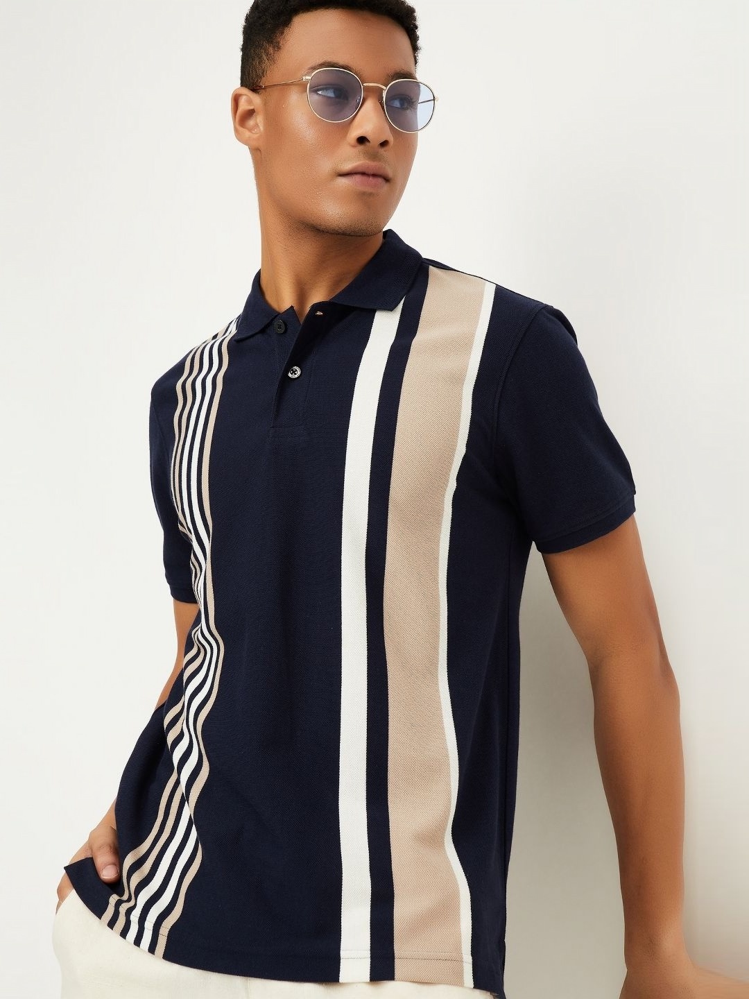 

max Men Striped Polo Collar T-shirt, Navy blue