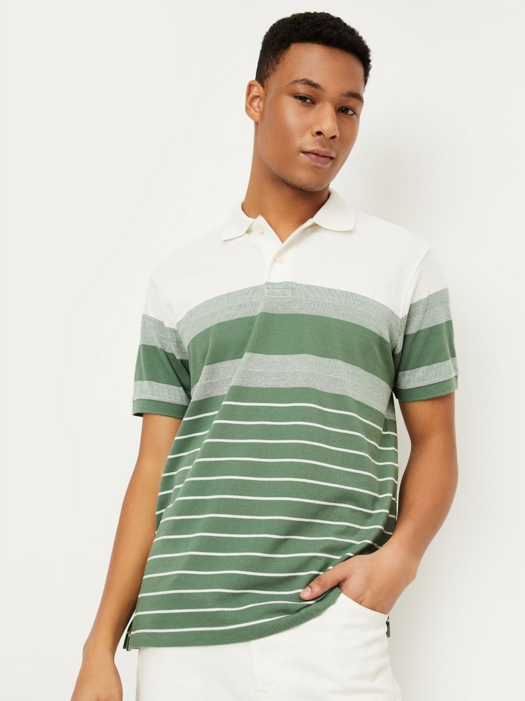 

max Men Striped Polo Collar Cotton T-shirt, Green