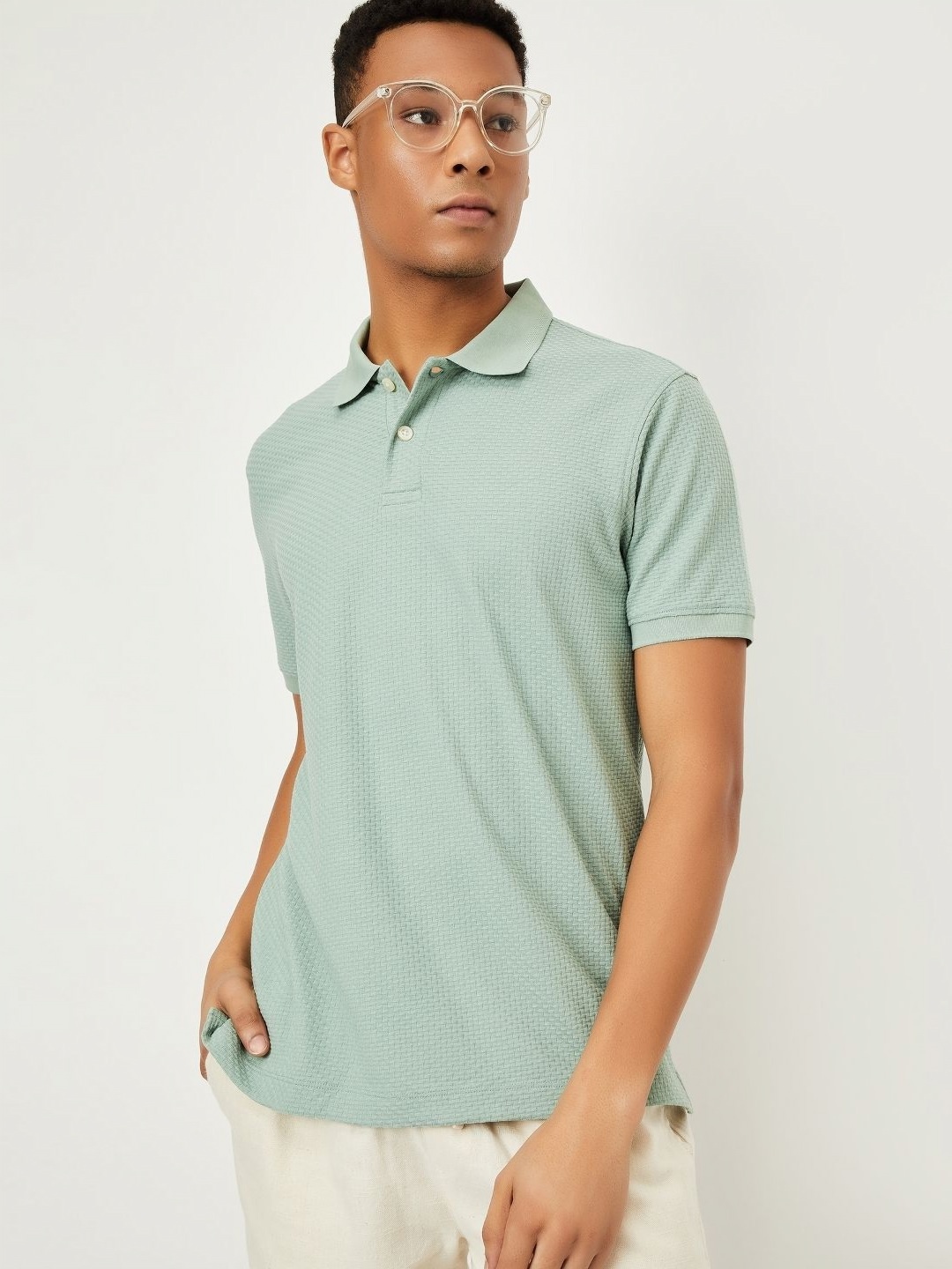 

max Men Self Design Polo Collar T-shirt, Green