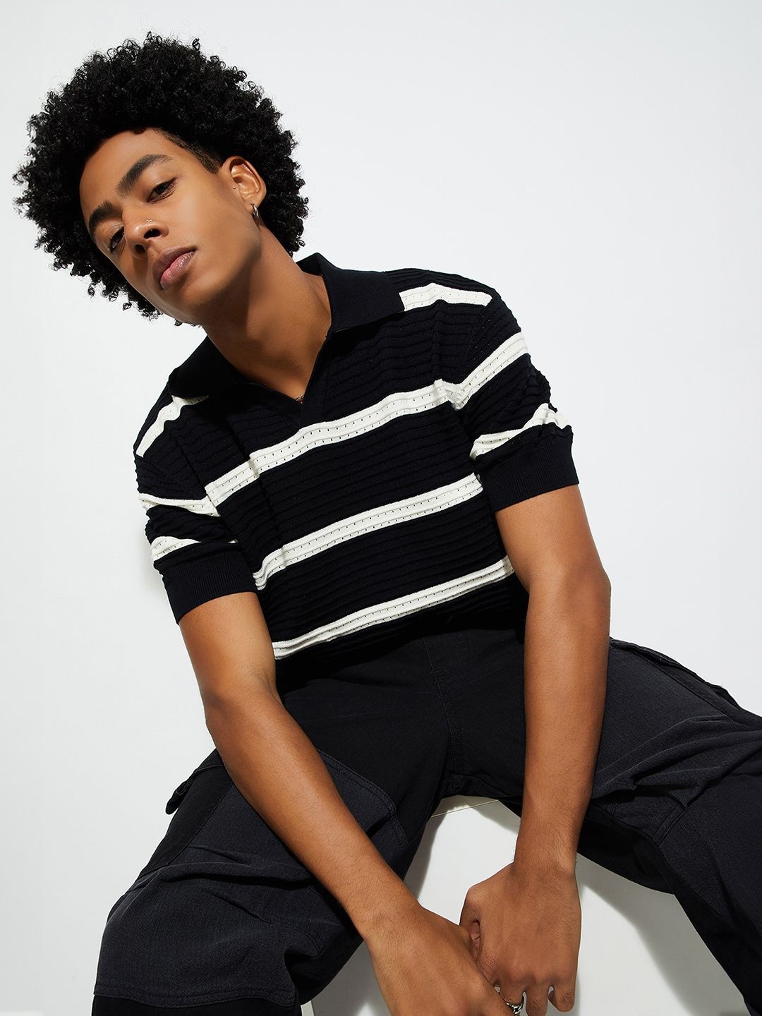 

MAX URB_N Men Striped Polo T-shirt, Black