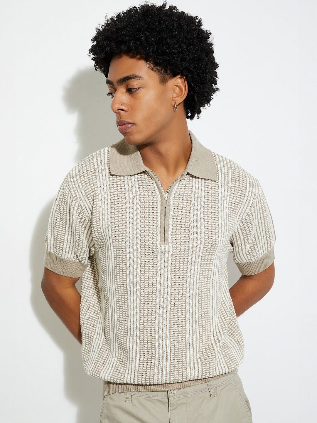 MAX URB_N Men Knit Oversized Polo T-shirt, Beige