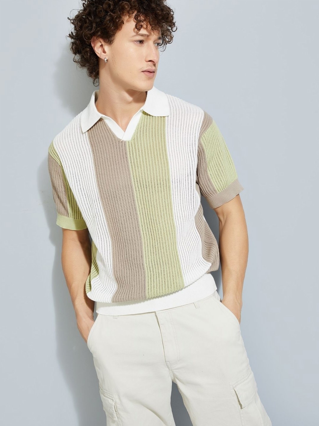 

MAX URB_N Men Colourblock Knit Johnny Collar T-shirt, Green