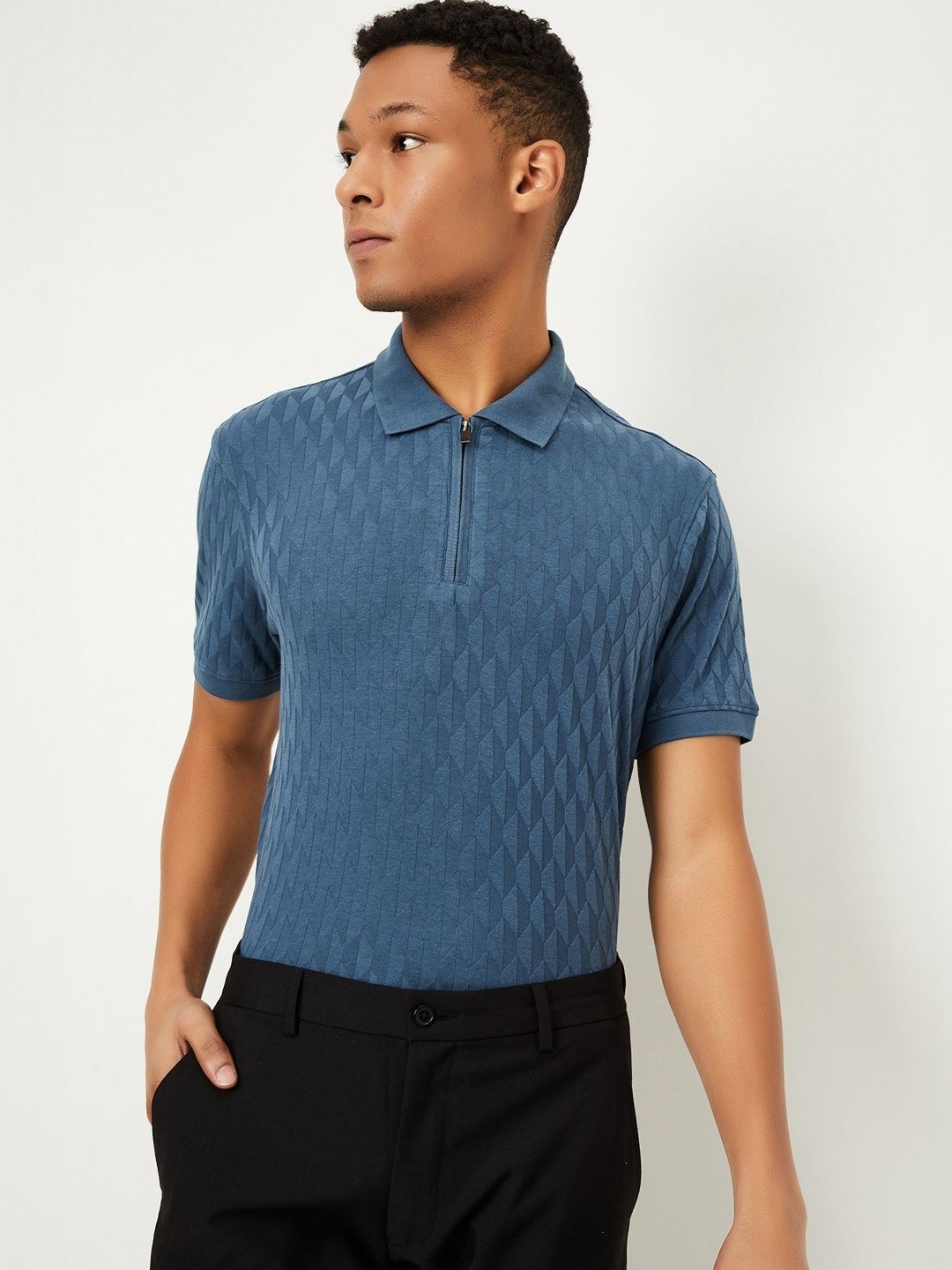 

max Men Self Design Polo Collar T-shirt, Teal