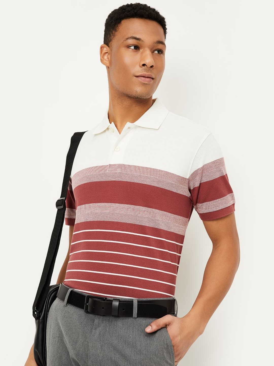 

max Men Striped Polo Collar Cotton T-shirt, Red