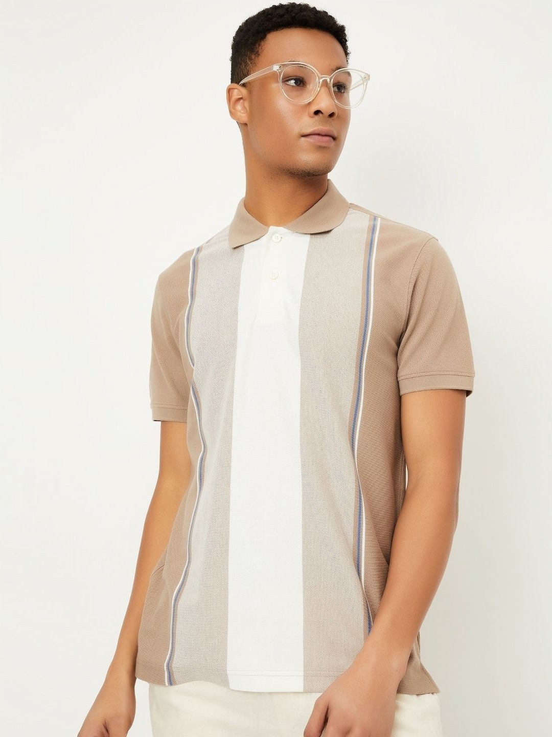 

max Men Striped Polo Collar Cotton T-shirt, Beige