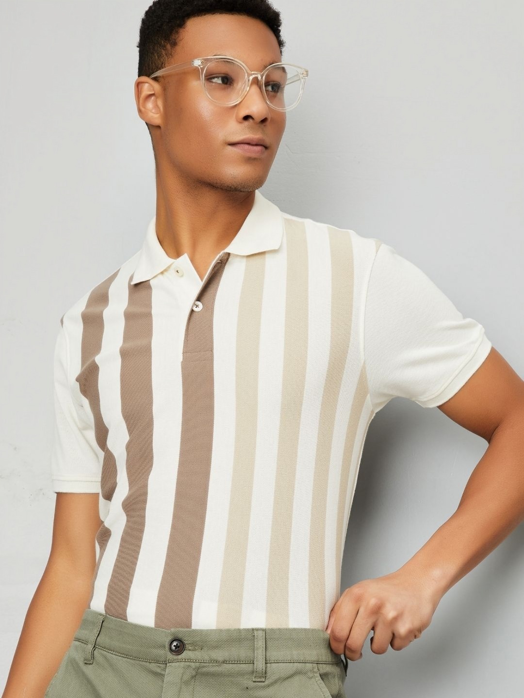 

max Men Striped Polo Collar T-shirt, Brown