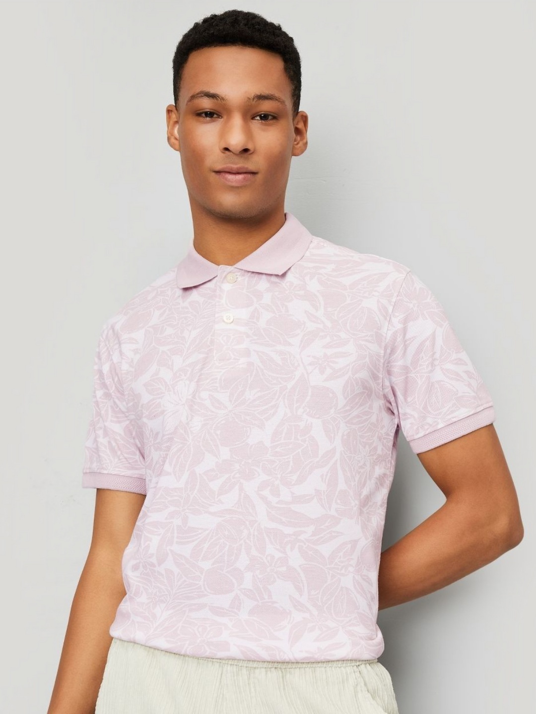 

max Men Floral Printed Polo Collar Cotton T-shirt, Pink