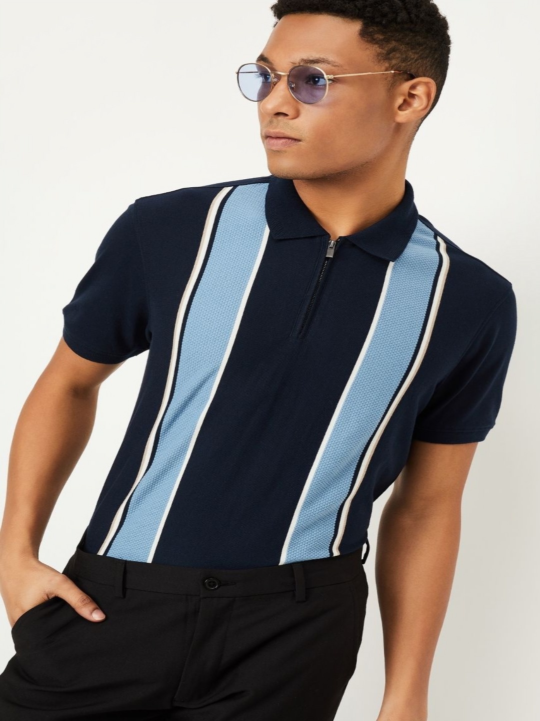 

max Men Striped Polo Collar T-shirt, Navy blue