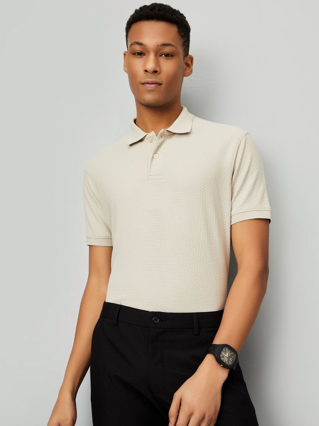 

max Men Self Design Polo Collar T-shirt, Beige