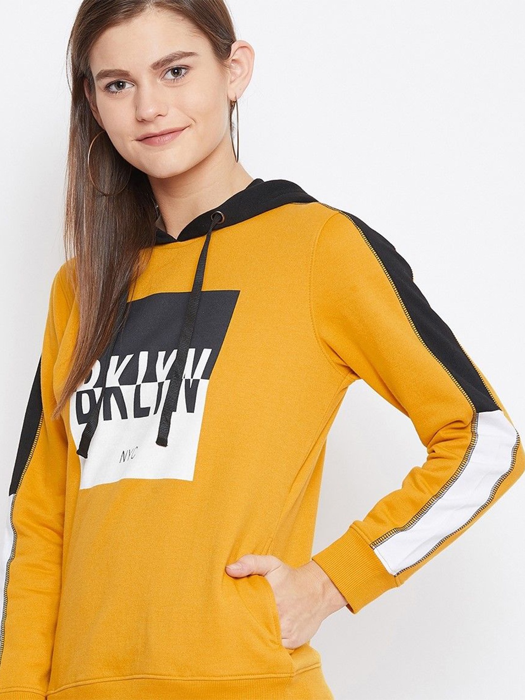 

Austin wood Women Typography Printed Hooded Pullover Sweatshirt, Yellow
