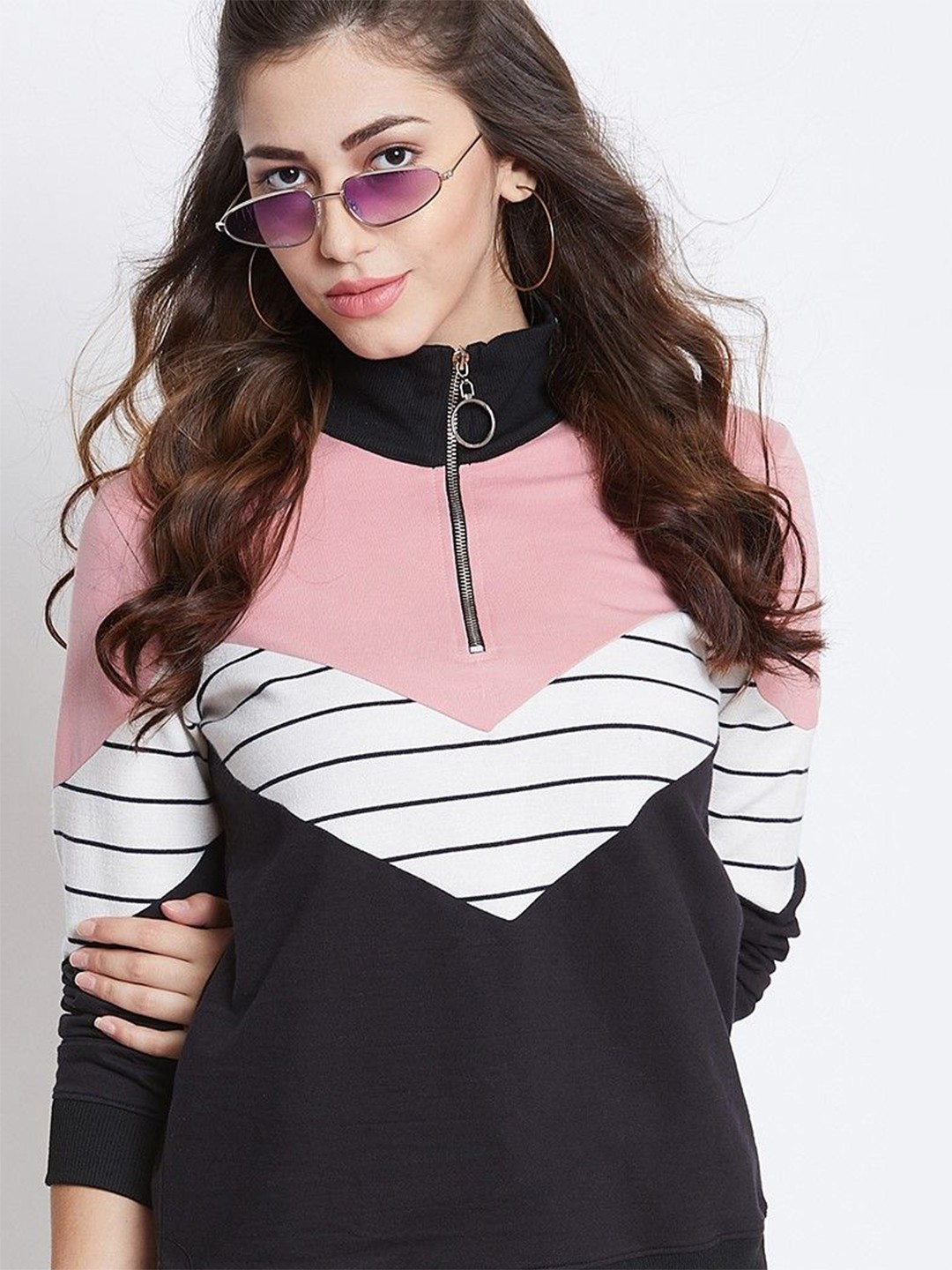 

Austin wood Women Striped ok Collar Sweatshirt, Pink