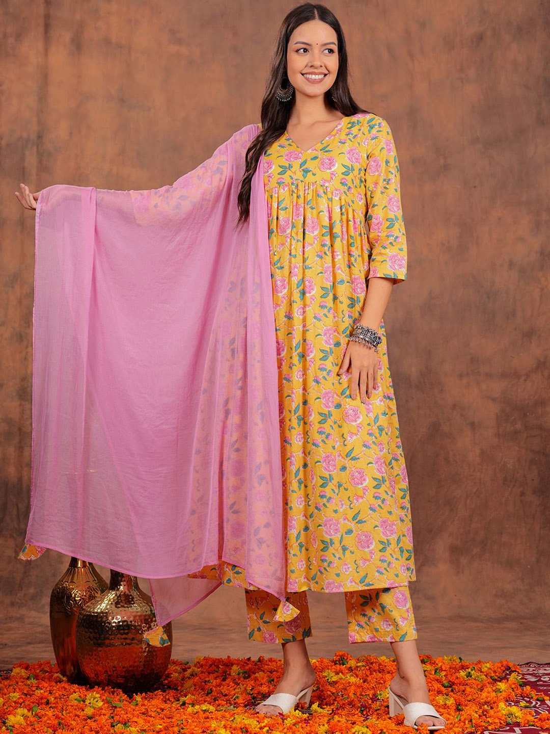 

HIBIKI Floral Printed Pure Cotton A Line Kurta with Trousers & Dupatta, Mustard