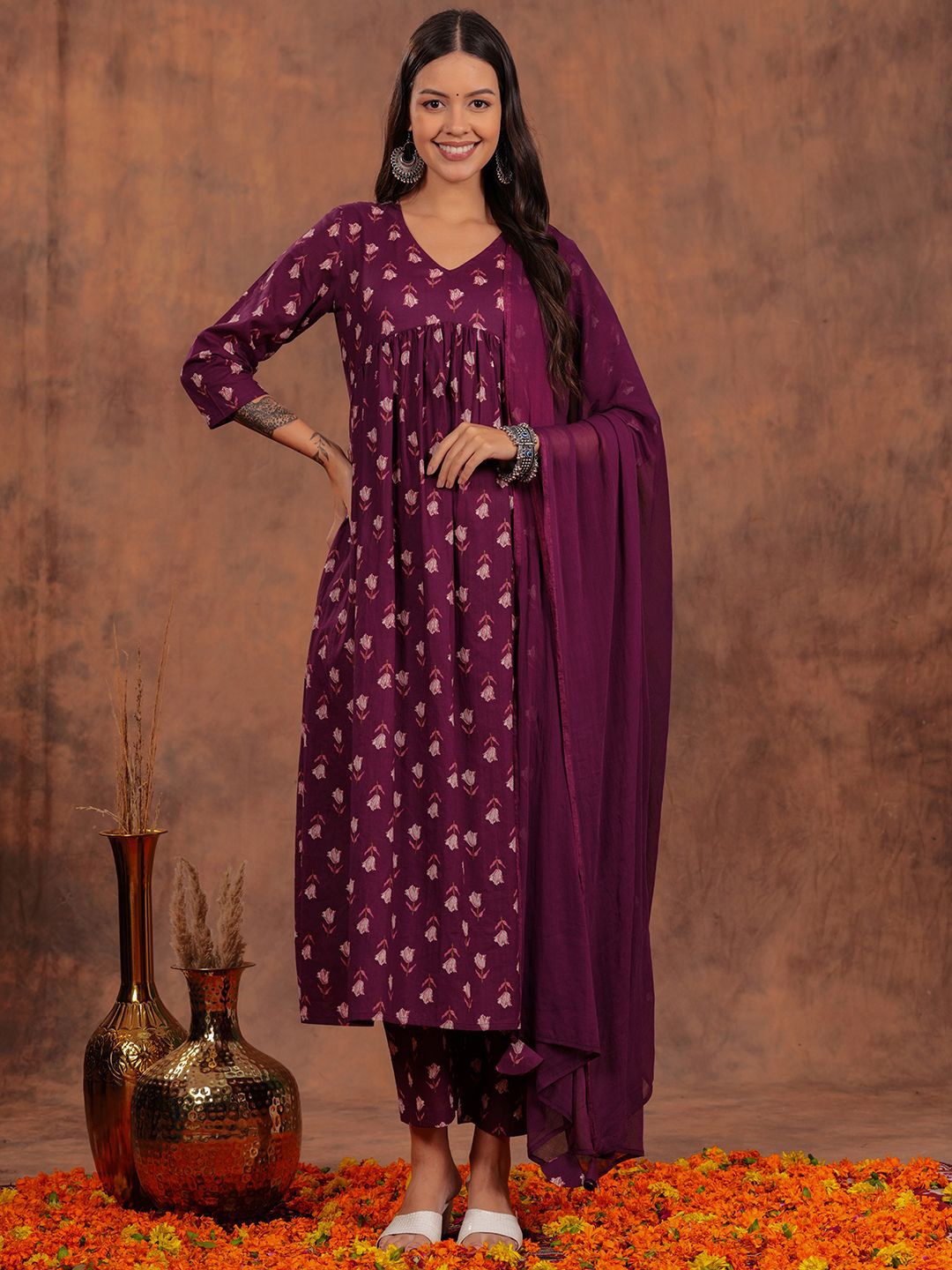 

HIBIKI Floral Printed Pure Cotton A Line Kurta with Trousers & Dupatta, Magenta