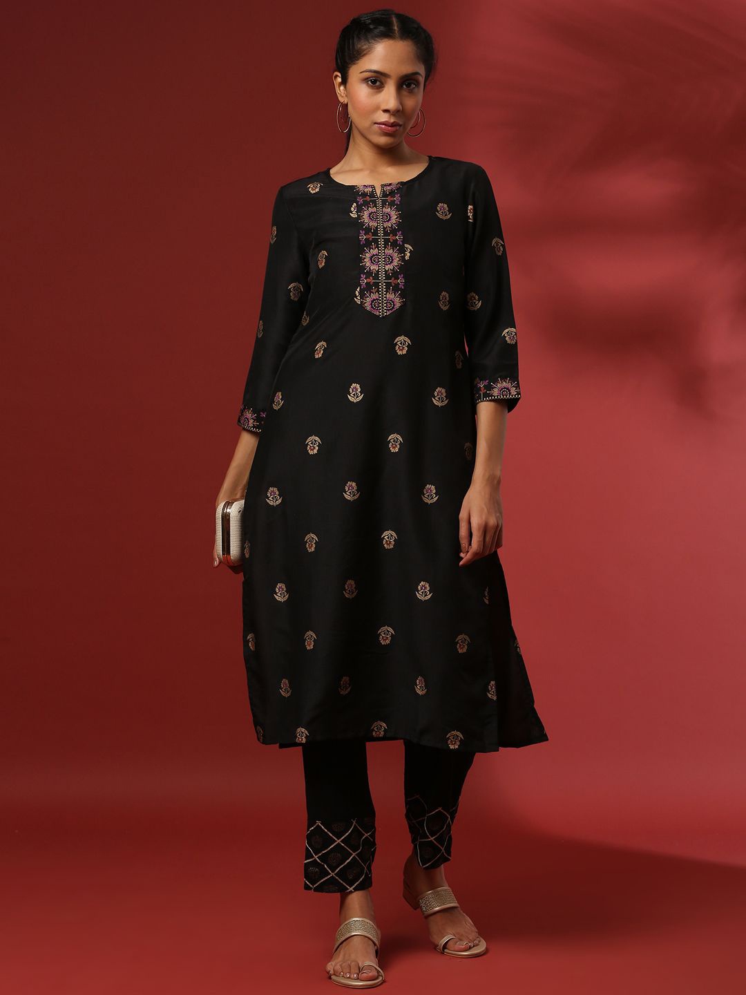 

Abhishti Floral Woven Design Thread Work Chanderi Silk Straight Kurta, Black