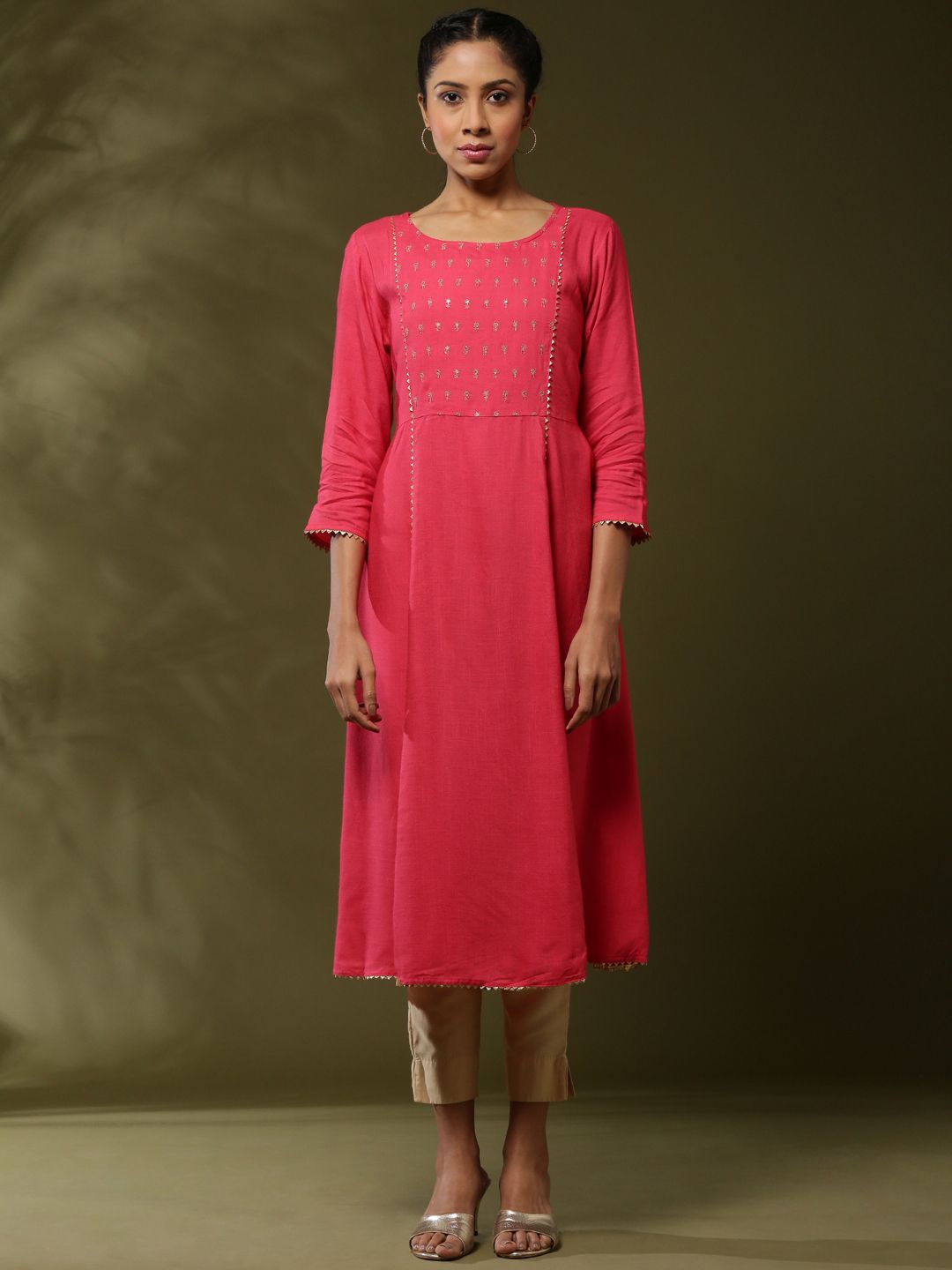 

Abhishti Floral Embroidered Thread Work A-Line Kurta, Coral