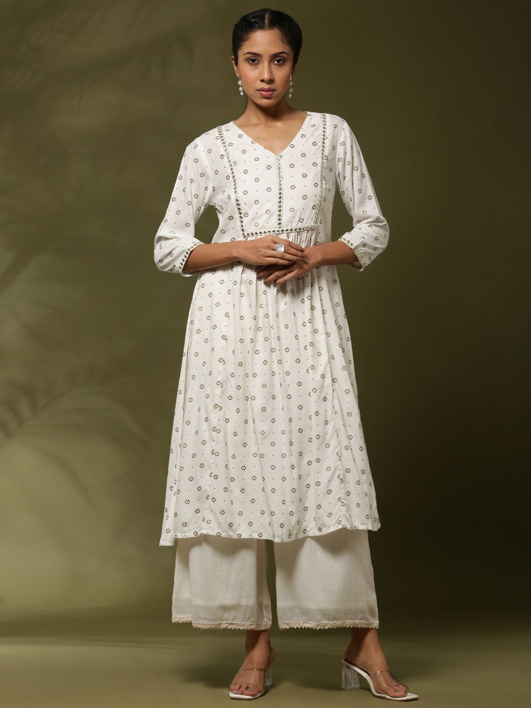 Abhishti Floral Printed V-Neck Mirror Work A-Line Kurta, Off white