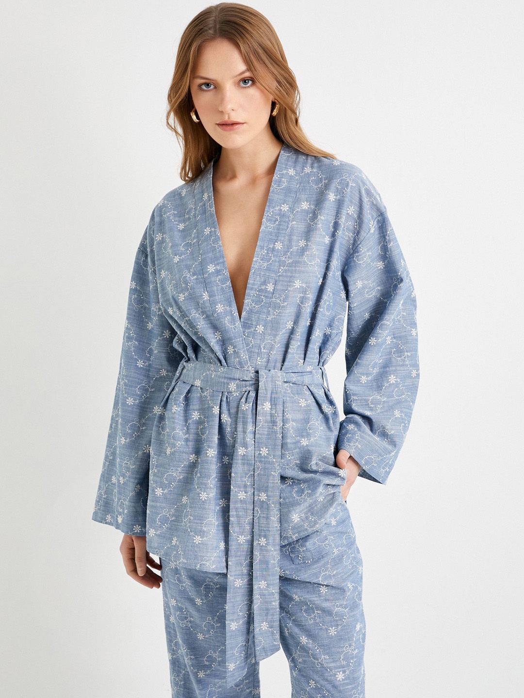 

Koton Women Embroidered Pure Cotton Belted Robe, Blue