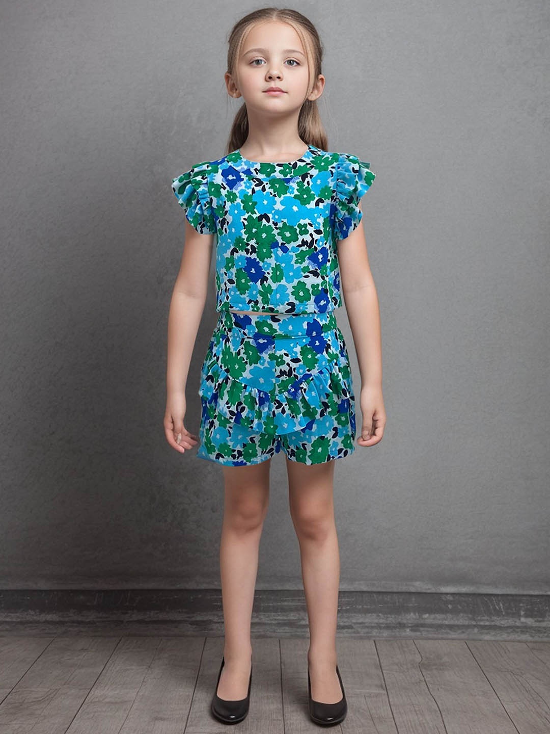 

Safehugs Girls Floral Printed Round Neck Short Sleeves Pure Cotton Top With Shorts, Blue