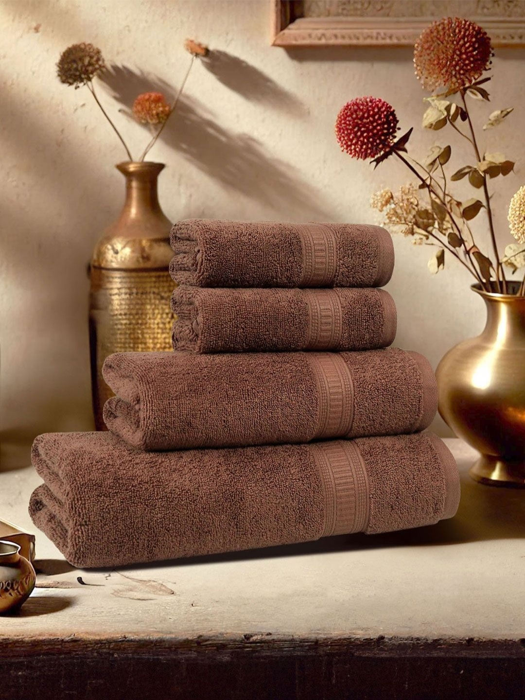 

MYTRIDENT Kasturi Brown 4 Piece Cotton 500 GSM Towel Set