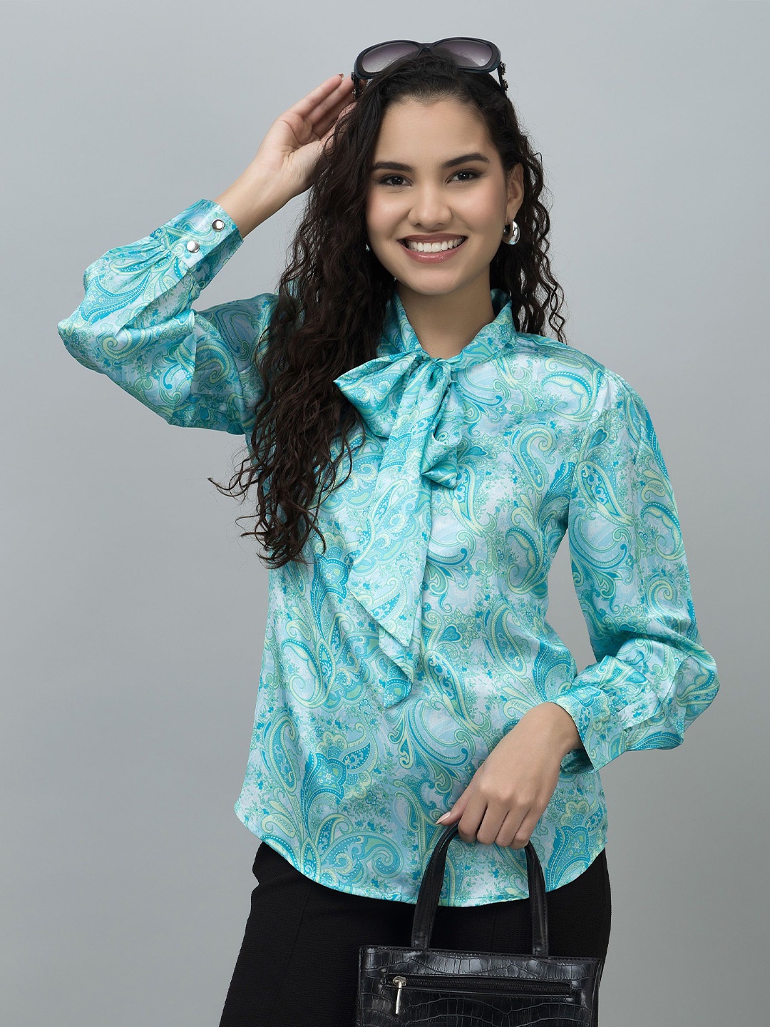 

PURYS Printed Tie-Up Neck Satin Shirt Style Top, Blue