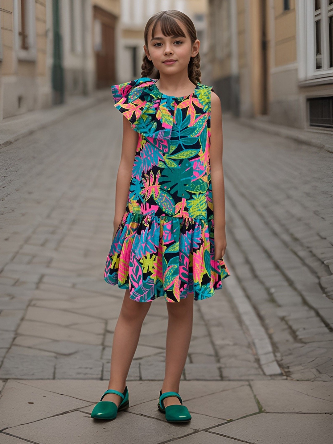

Safehugs Girls Cotton Tropical Printed Sleeveless A-Line Dress, Black