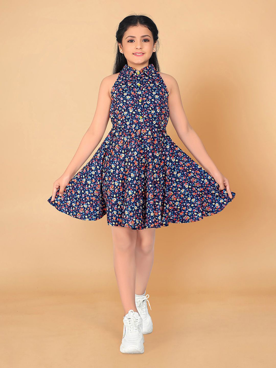 

BAESD Girls Floral Printed Fit & Flare Dress, Navy blue