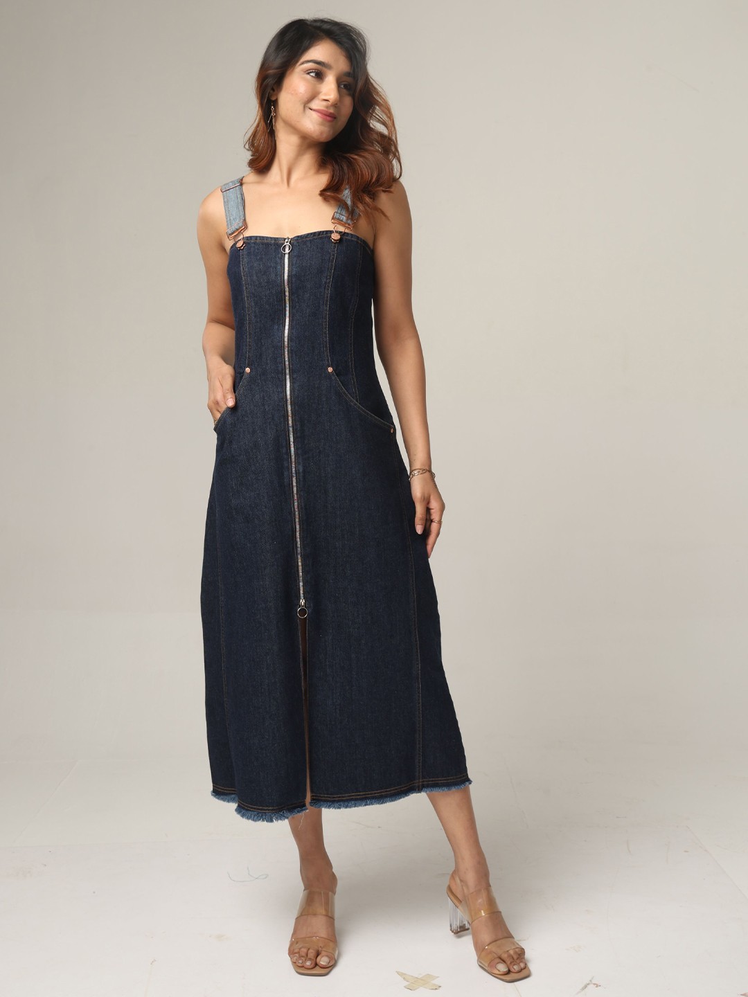 

DAYER Women Cotton Denim Pinafore Midi Dress, Blue