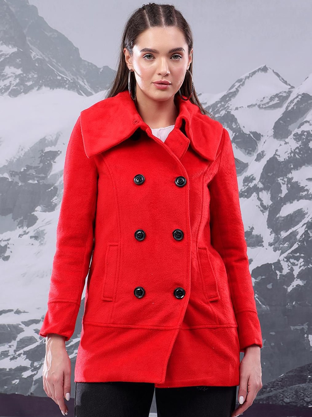 

Kotty Women Spread Collar Double Breasted Overcoat, Red