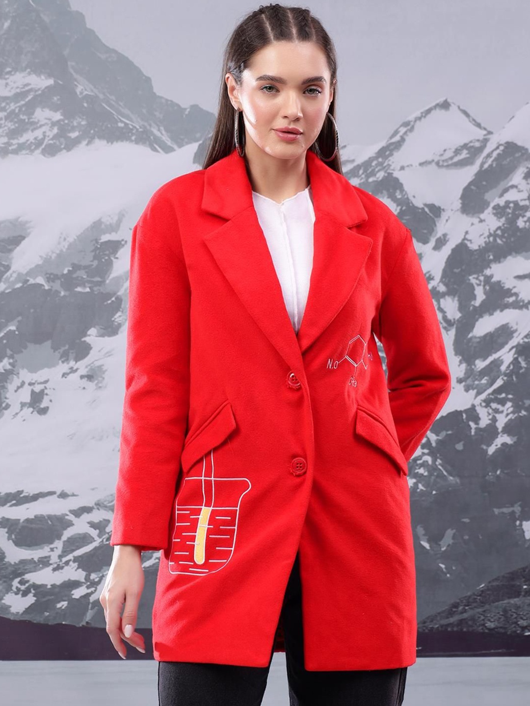 

Kotty Women Printed Notched Lapel Single-Breasted Overcoat, Red