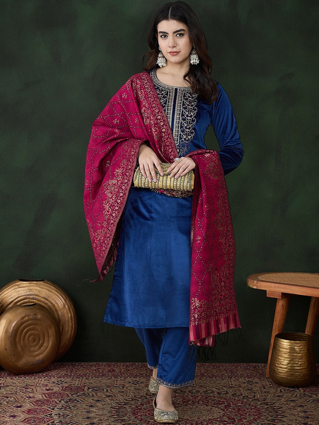 

Sangria Blue Floral Embroidered Regular Sequinned Velvet Kurta & Trouser With Dupatta