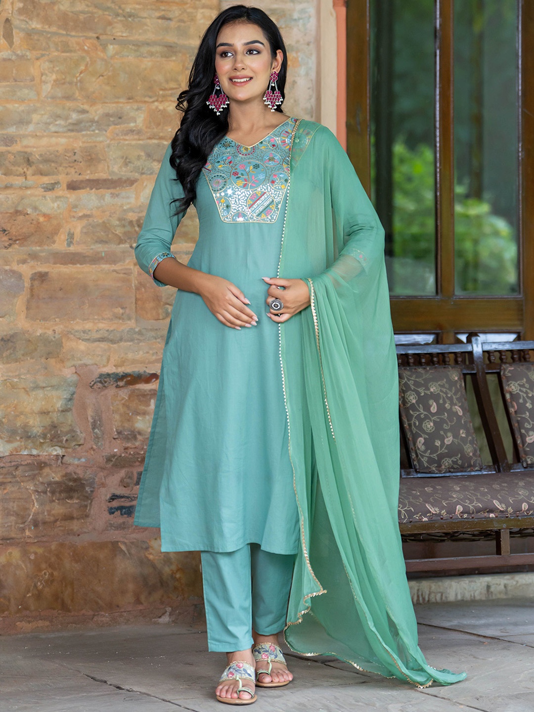 

GAYRAA Floral Embroidered Sequined Pure Cotton Kurta With Trousers & Dupatta, Green