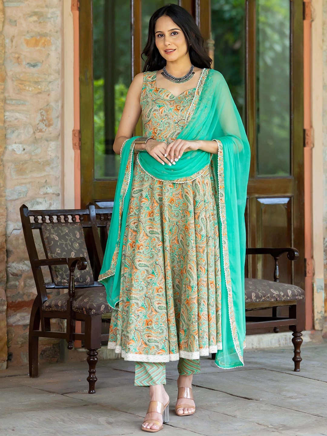 

GAYRAA Ethnic Motifs Printed Pure Cotton Anarkali Kurta With Trousers & Dupatta, Sea green