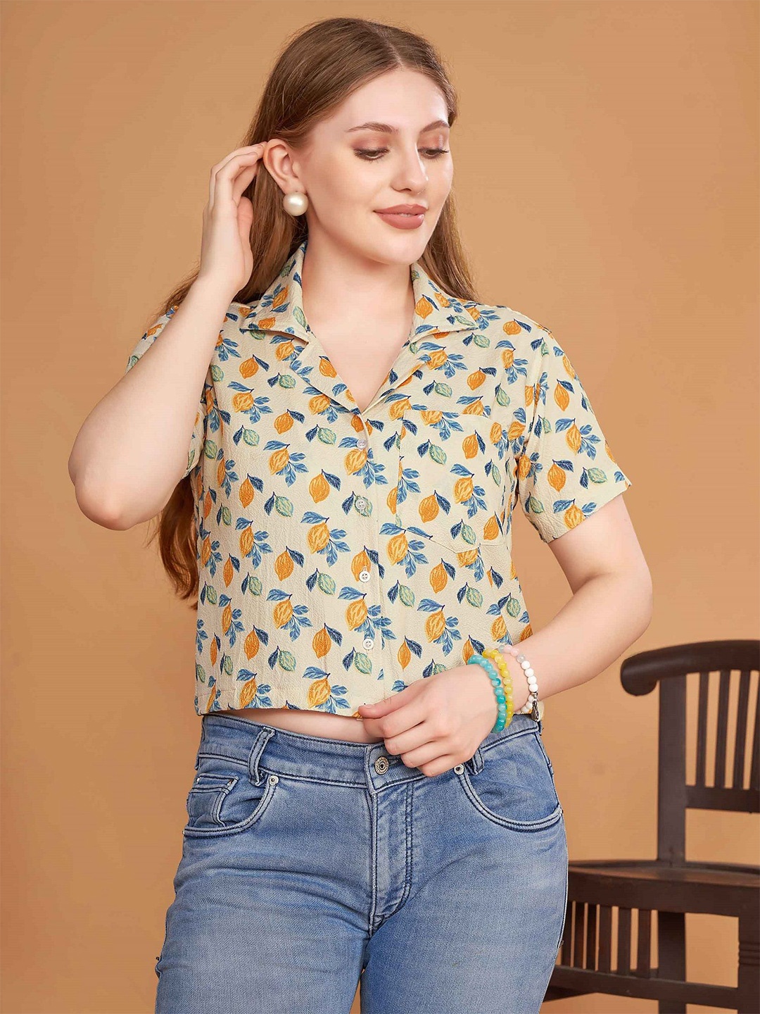 

choiceit Printed Pure Silk Shirt Style Crop Top, Green