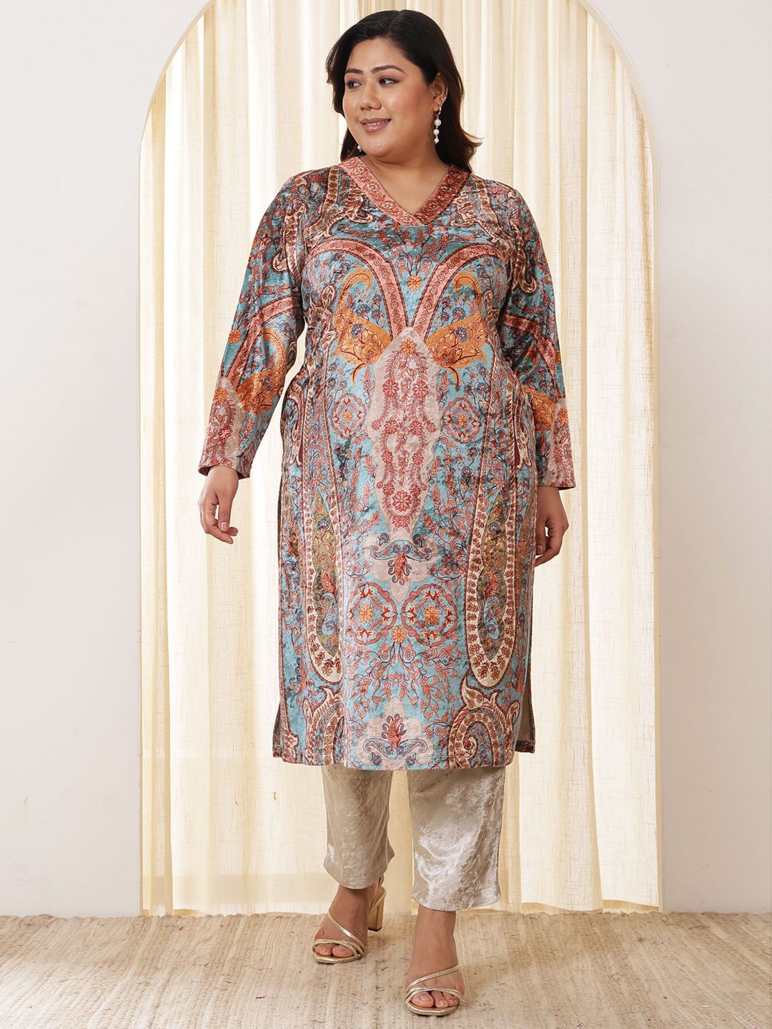 

Amydus Plus Size Ethnic Motifs Printed Gotta Patti Velvet Kurta, Brown