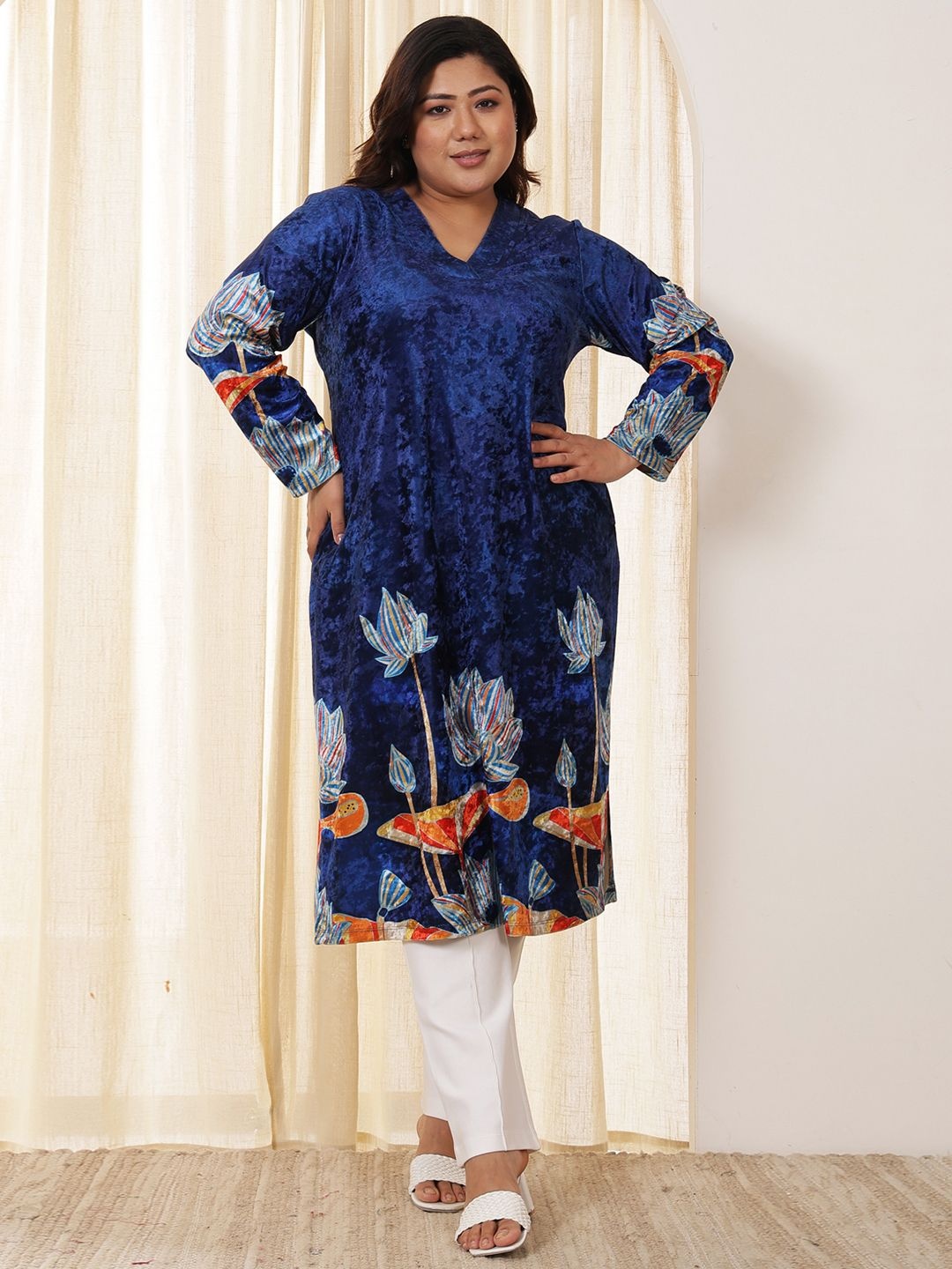 

Amydus Plus Size Floral Printed Thread Work Floral Velvet Kurta, Blue