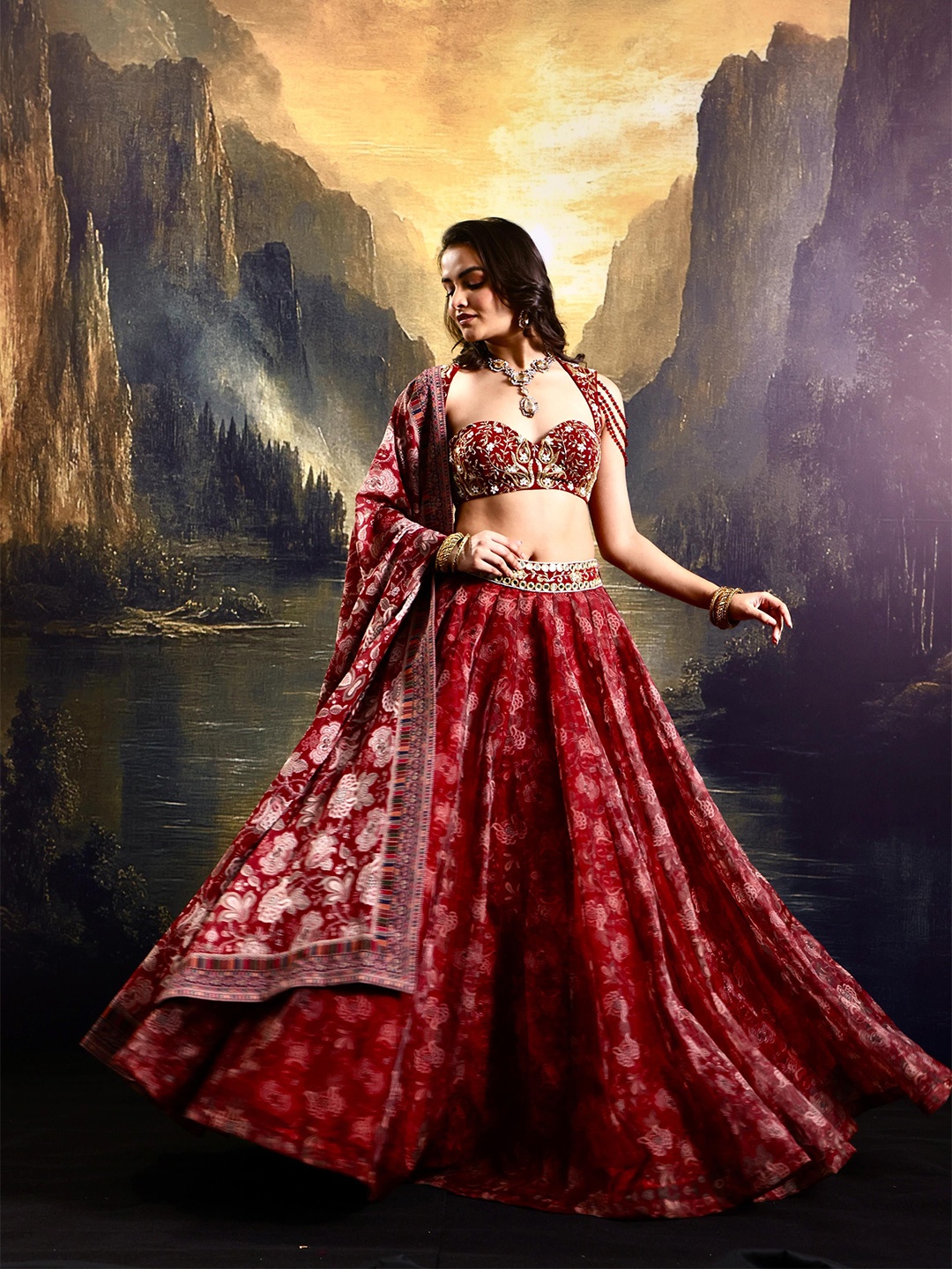 

Rashika Sharma Embellished Sequinned Made to Measure Lehenga & Blouse With Dupatta, Maroon