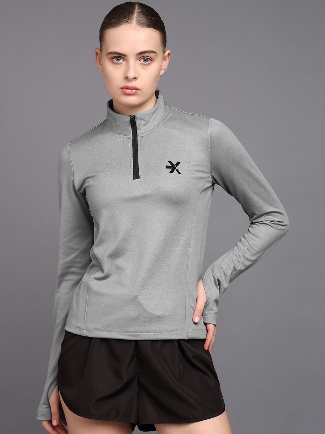 

HRX by Hrithik Roshan Women Solid High Neck T-shirt, Grey