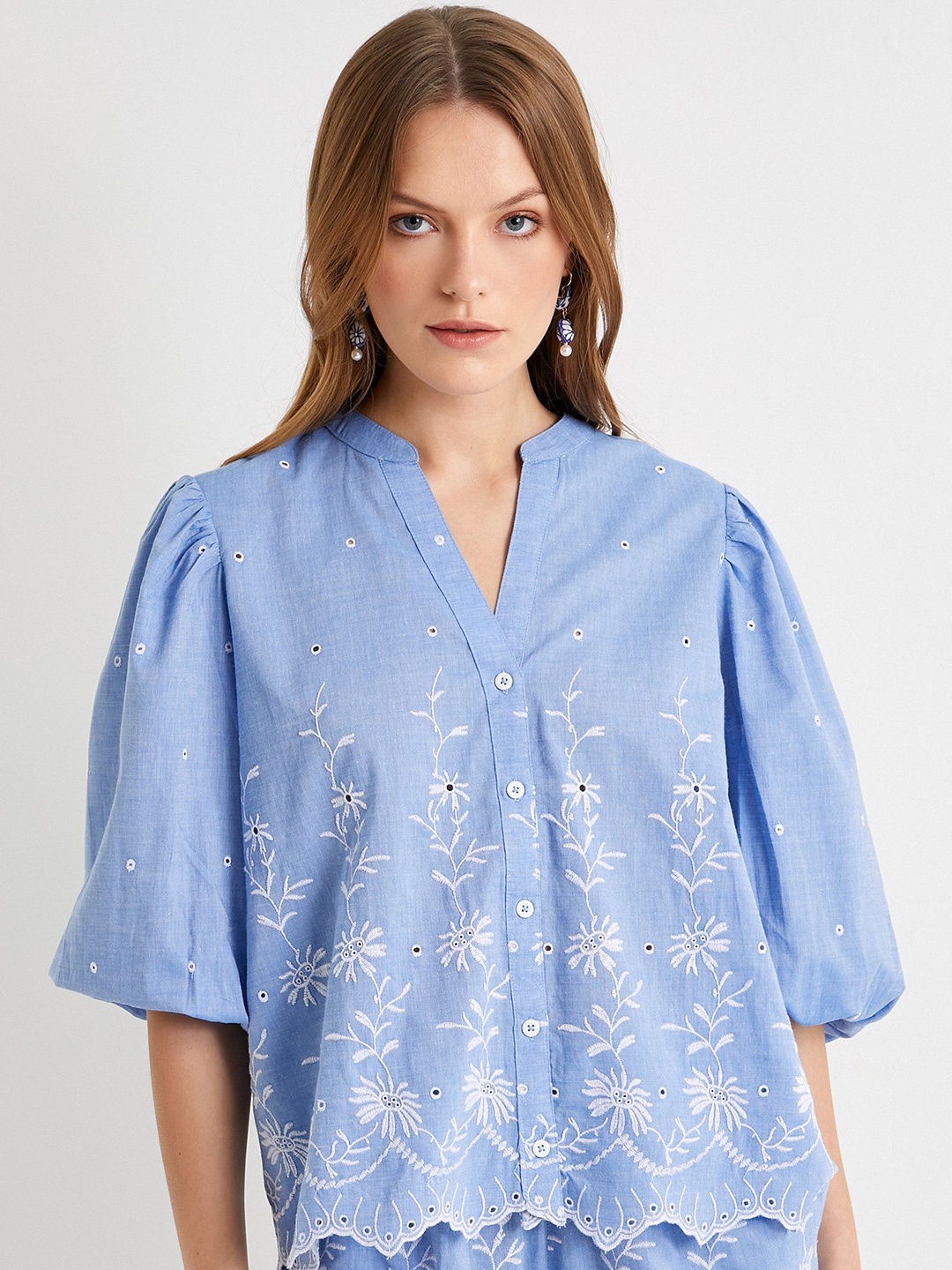 

Koton Women Mandarin Collar Self Design Cotton Casual Shirt, Blue