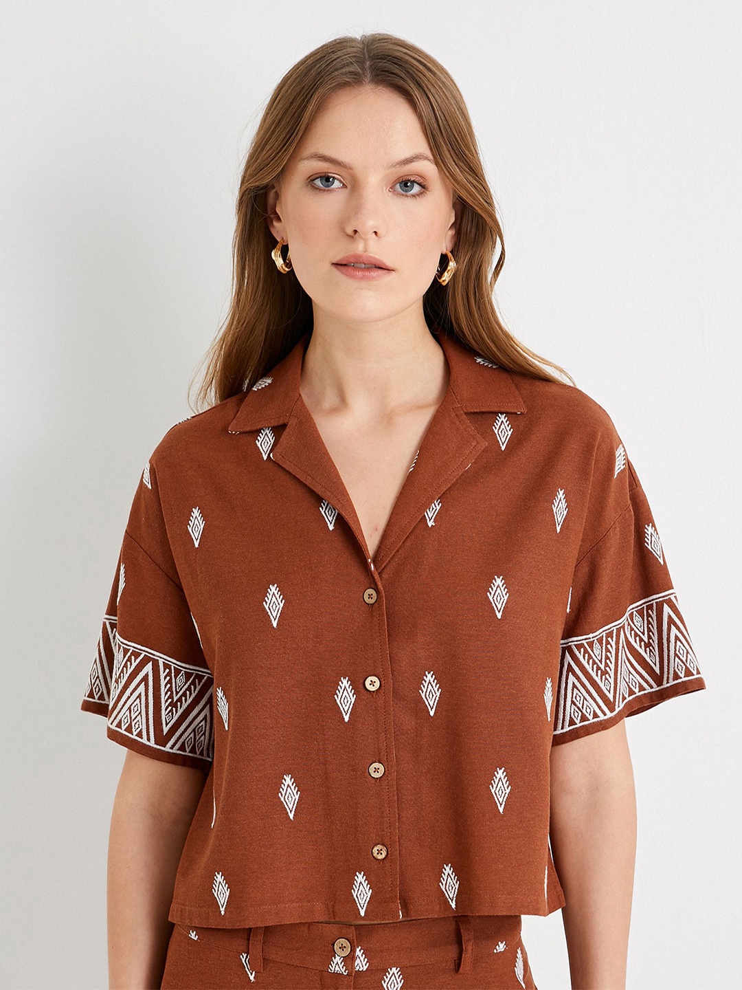 

Koton Women Cuban Collar Ethnic Motifs Printed Casual Shirt, Brown