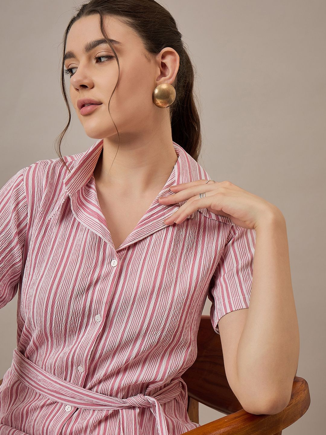 

The Roadster Lifestyle Co Striped Shirt Style Belted Midi Dress, Pink
