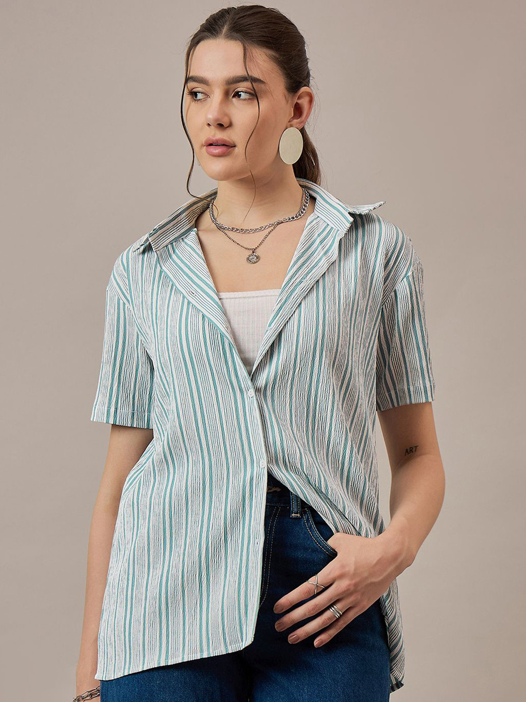 

The Roadster Lifestyle Co. Women Spread Collar Vertical Striped Relaxed Fit Casual Shirt, White